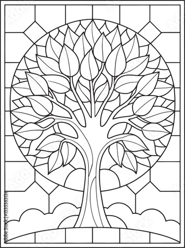 Tree of life printable art coloring page in stained glass style