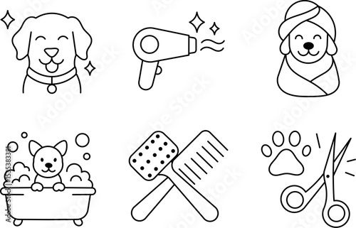 Pet Grooming Stroke Icon Collection – Featuring Bath, Brush, Blow Dry, and Care Tools. Editable Line Symbols for Grooming and Hygiene.
