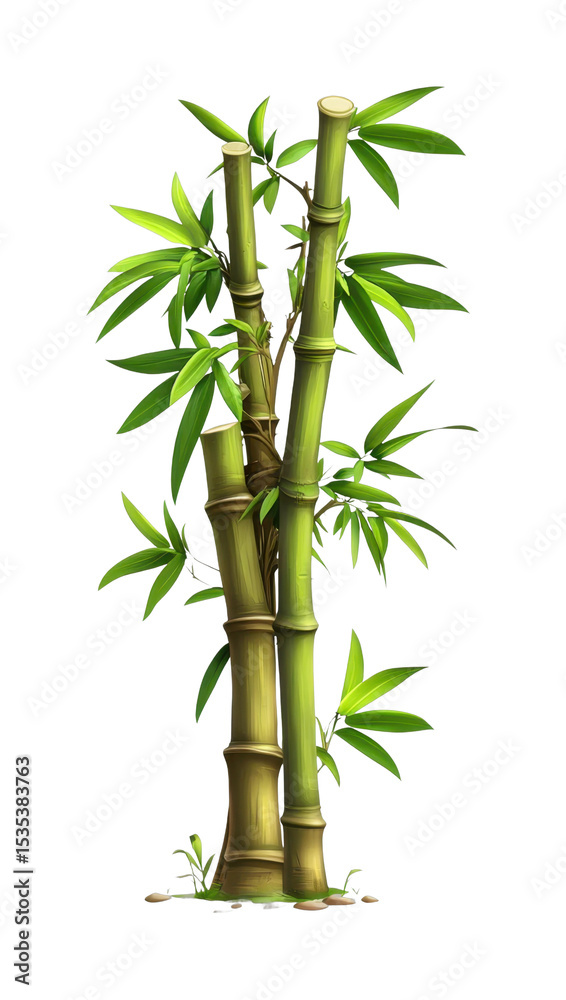 Fototapeta premium Realistic green bamboo stalks with leaves in natural growth formation