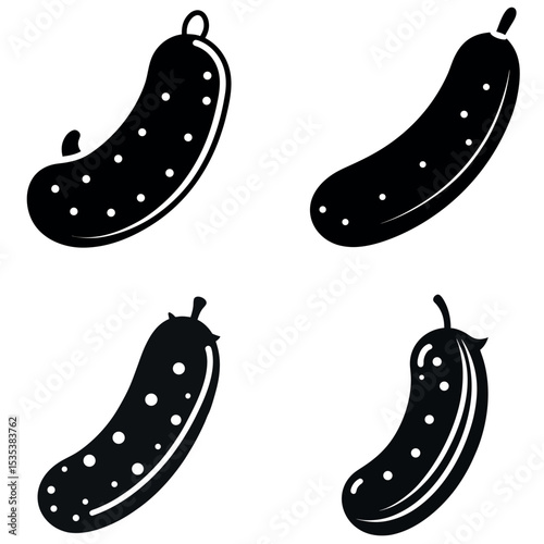 Four Simple Black and White Cucumber Icon Variations with Distinct Stem and Skin Shapes