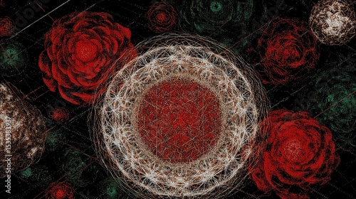 Celestial Flower of Life Amid Crimson Blooms