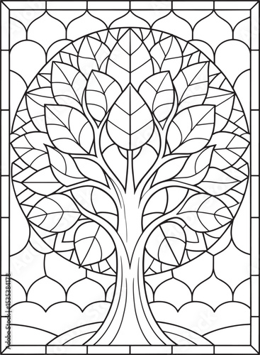 Nature art tree of life coloring page stained glass design