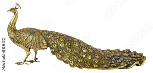 Bronze peacock statue adorned with detailed feather textures and intricate floral patterns isolated transparent background