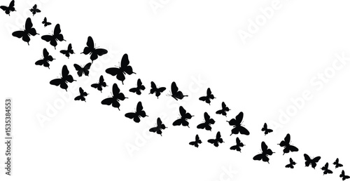 Vector silhouette of flying butterflies in diagonal formation, black insects isolated on white background, elegant nature design, graceful movement pattern, decorative wildlife concept illustration