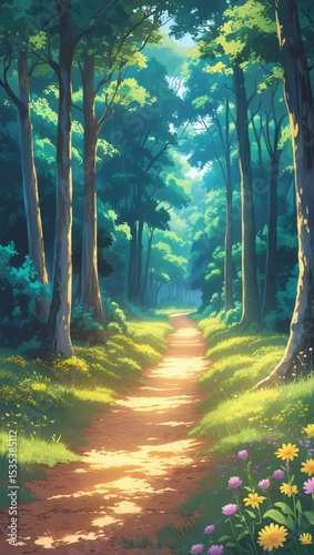 A sunlit forest path lined with tall trees, yellow flowers, and colorful blooms, leading into the distance.