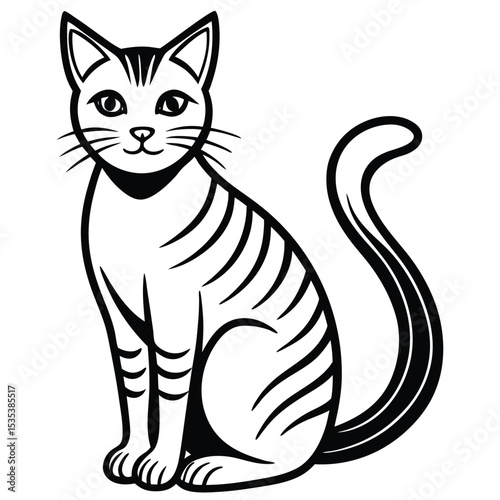 A sleek black and white illustration of a sitting tabby cat with simple lines