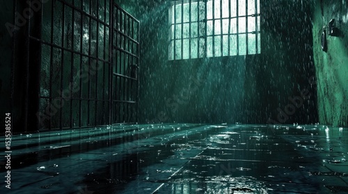 Gloomy cell interior with rain, prison bars and wet floor reflection backdrop