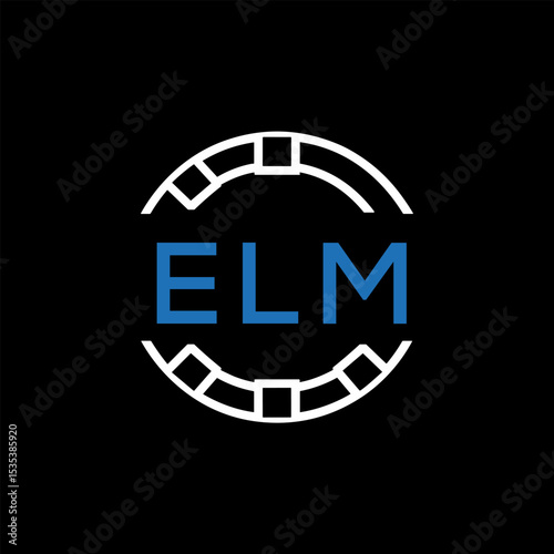 ELM Modern Tech Logo, Design – ELM Later Logo,  Futuristic Blue and White Circular Emblem on Black Background.
