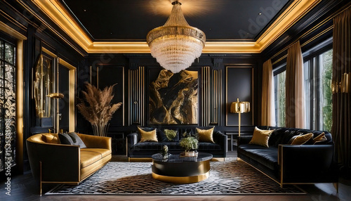 Luxurious black and gold themed interior featuring high contrast, opulent decor, and dramatic lighting, creating elegant atmosphere