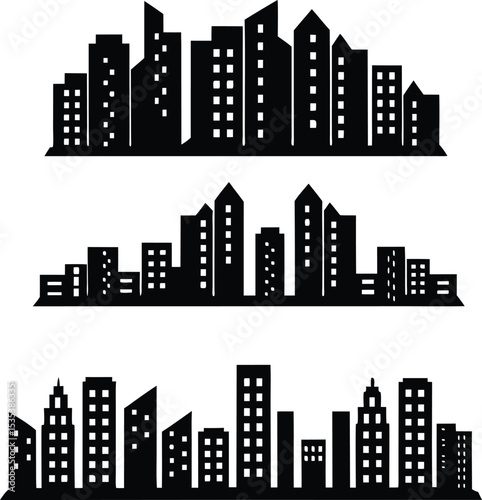 Urban skyline silhouette set – vector collection of modern cityscape and building silhouettes
