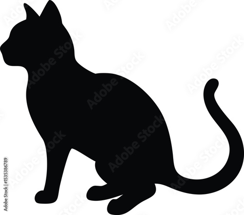 Black cat silhouette sitting posing gracefully with curved tail on a white background