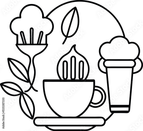 Line Art Illustration Coffee Cup Teacup Beverage Glass Leaves Plant Black White Simple Minimalist Design