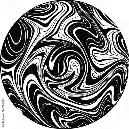 Abstract Black and White Swirling Marble Pattern Circular Design Element monochrome