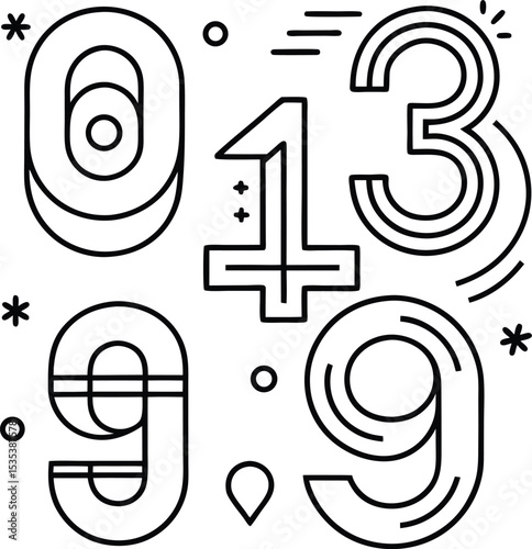 Abstract Black Line Art Numbers 0 1 3 9 Design Geometric Shapes White Background zero three