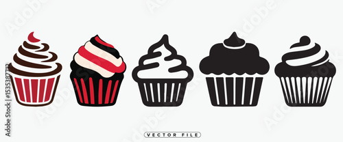 Five stylized cupcakes with different frosting designs presented as vector graphics on a white background