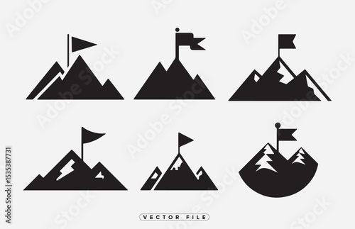Collection of Six Black Mountain Icons with Flags on Top Representing Success and Achievement