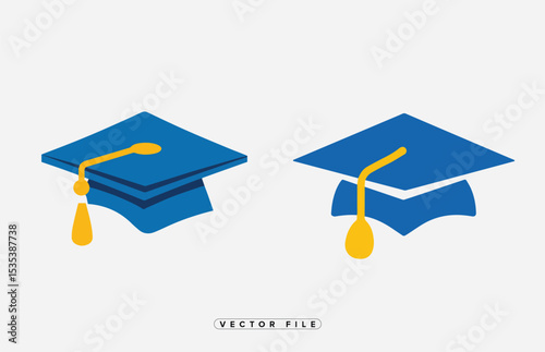 Two Graduation Caps in Blue and Yellow on a White Background Vector File
