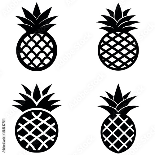 Four Isolated Black and White Pineapple Icons with Differing Scale Pattern Designs