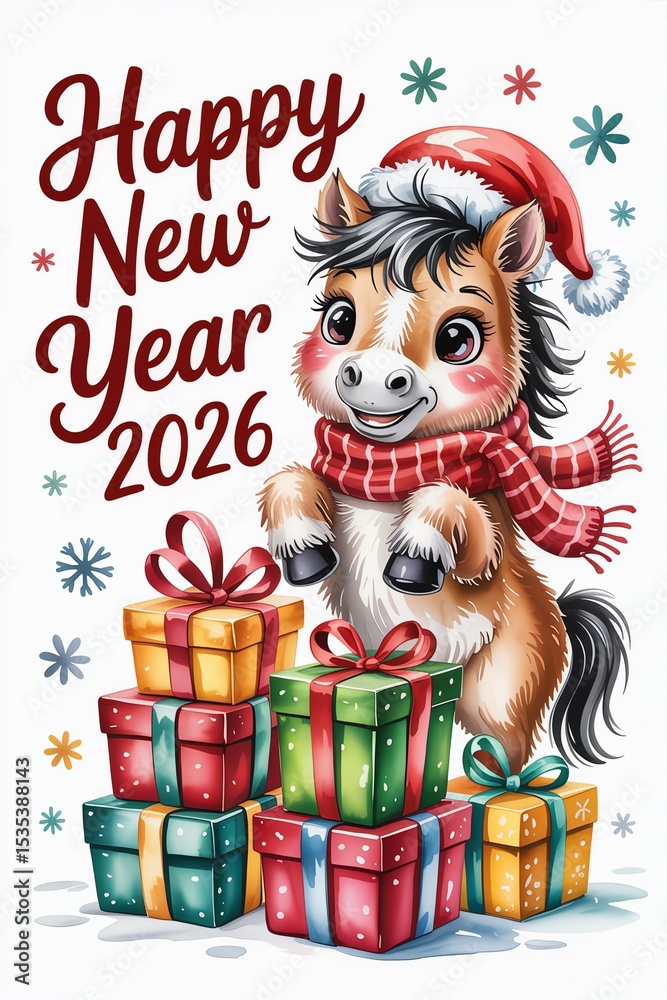 Fototapeta premium A cheerful horse wearing a Santa hat celebrates New Year 2026 with presents, embodying festive spirit and joy.