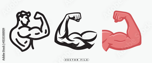 Three stylized illustrations of flexing biceps showcasing strength fitness and muscular physique in different design styles