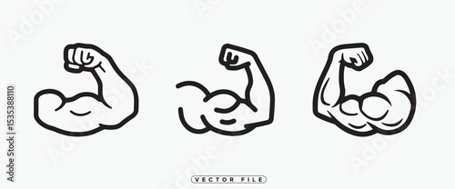 Three stylized biceps flexing showcasing muscle definition and strength presented as a vector file illustration