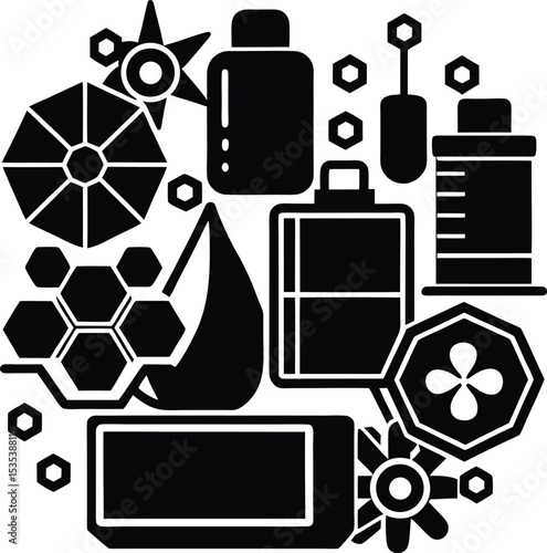 Black and White Geometric Icons e Liquid Bottle Vape Mod Hexagon Honeycomb Drop Gear Fan Starburst monochrome