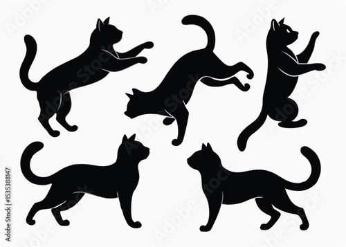Black cat silhouettes in various poses on a white background vector illustration