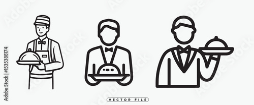 Three Waiter Icon Variations Full Body Upper Body and Minimalist Line Art Style on White Background