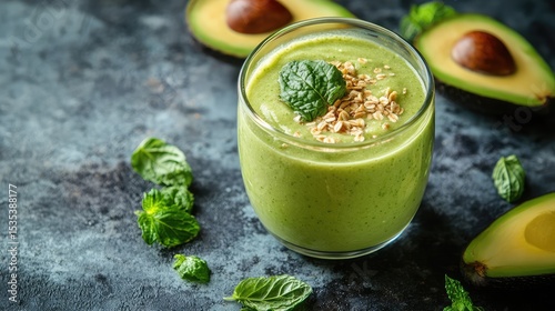 Refreshing Green Smoothie with Avocado and Mint on a Dark Surface Surrounded by Fresh Ingredients for Healthy Lifestyle and Nutritional Benefits