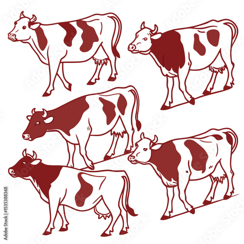 Illustrative Depiction of Brown and White Cows in Various Poses with Classic Cartoonish Style and Design Elements