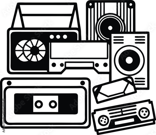 Black and White Illustration of Vintage Audio Equipment Cassette Tapes Boombox Speakers and V C R audio cassette
