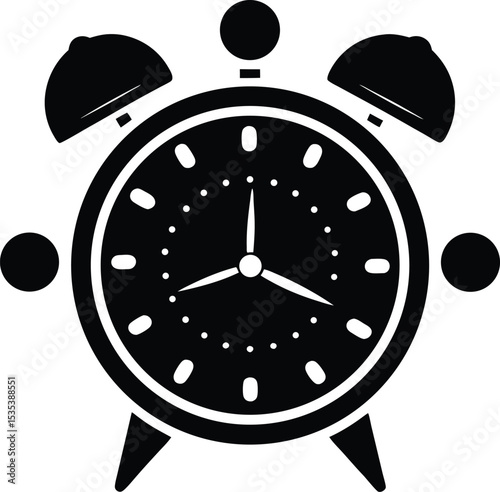 Vintage alarm clock icon with twin bells – black silhouette vector of classic timepiece design
