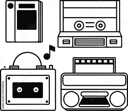 Black and White Illustration Retro Audio Cassette Tape Player Boombox Vintage Technology Design vector