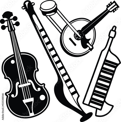 Black and White Illustration of Violin Banjo Guitar and Harmonica Musical Instruments vector