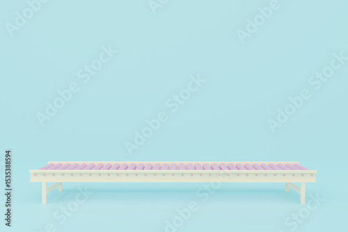 bench in the park. Soft and modern 3D render of a pastel conveyor belt with pink rollers. Perfect for visualizing concepts related to technology, production, logistics, or clean design in a futuristic