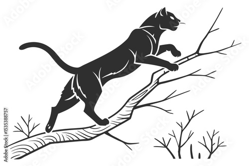 Black panther jumping between tree branches silhouetted against a clean white background