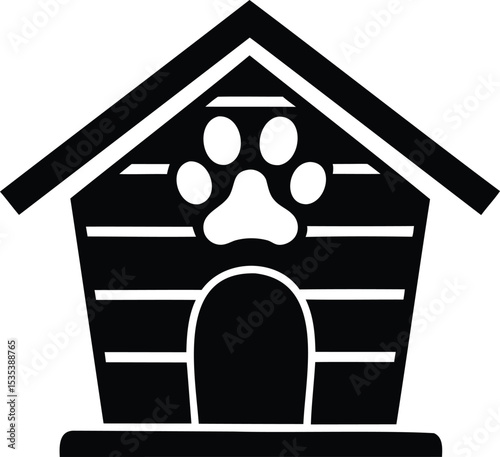 Minimalist dog house icon with large paw print – pet kennel vector silhouette illustration