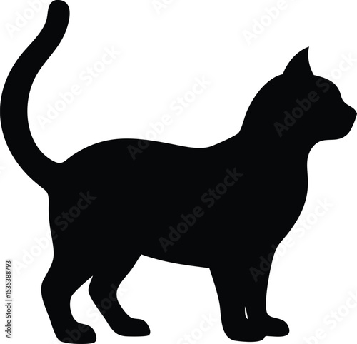Black silhouette of a domestic cat standing sideways with its tail curled upwards