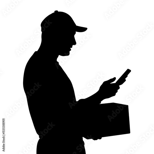 Silhouette of person scanning smartphone, smart delivery technology concept
