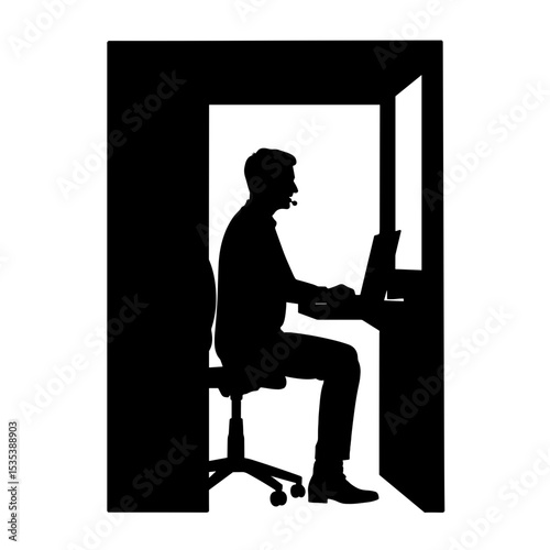 Silhouette of man on headset in phone booth pod, remote work communication focus