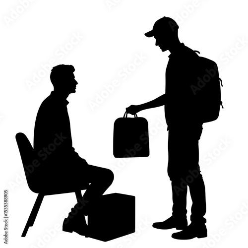Silhouette of courier delivering package to seated worker, efficient delivery service
