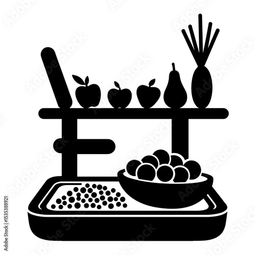 Silhouette of tray with fruits and grains beside standing desk, healthy office diet