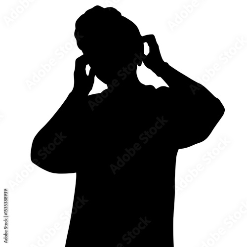 Silhouette of elderly woman adjusting head wrap, yoga self-preparation simplicity