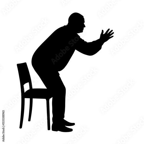 Silhouette of elderly man stretching forward near chair, wellness and flexibility focus