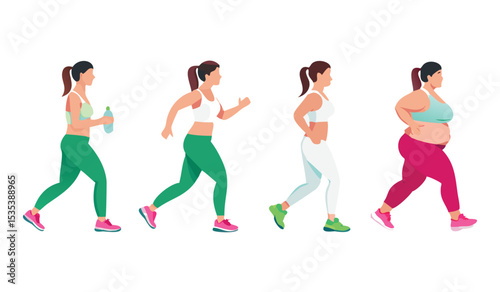 Weight Loss Milestones Vector Illustration of a Cartoon Plump Woman in Sportswear Jogging to a Slim Fit Figure, Isolated on White.