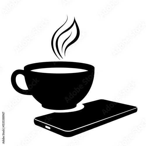 Silhouette of steaming coffee cup on smartphone, modern lifestyle balance