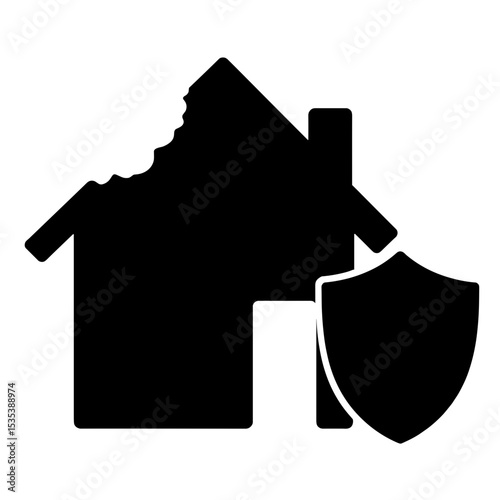 Damaged house silhouette with shield, resilience and insurance protection