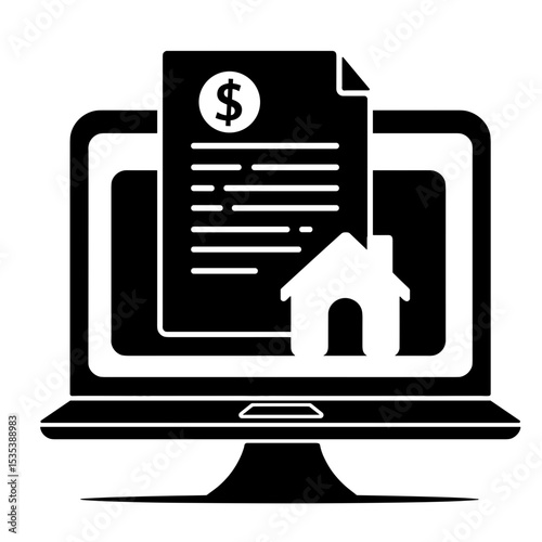 Document with Dollar Sign and House Icon on Laptop Screen, Online Mortgage Finance