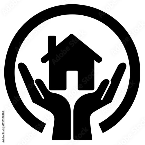 Silhouette of hands holding house in circular safety icon, home protection security