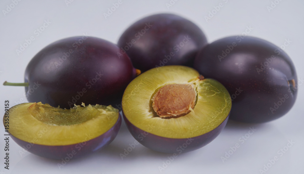 Fototapeta premium damson plum Purple cut in yellow halves on white background.